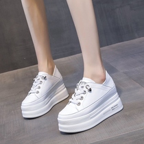 Tide brand leather small white shoes womens inner height 8cm spring and autumn Joker single shoes 2021 new womens shoes thick bottom cake shoes