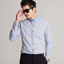 South Korea New Tide mens Korean version of slim collar stitching Plaid features long sleeve shirt mens shirt