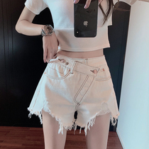  White denim shorts womens summer thin section high waist thin irregular loose a-line wide leg pants perforated burrs hot pants