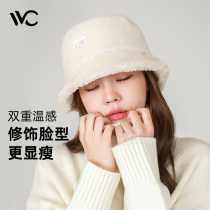 VVC fishermans hat female lamb plush hat autumn and winter Korean version of Joker big head circumference cute face small basin hat ins tide