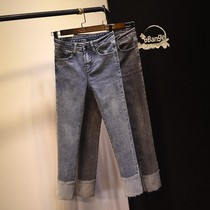 Jeans women 2021 autumn new Joker slim Korean version of color matching small straight tube elastic slim ankle-length pants