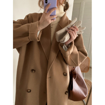 Double-sided cashmere coat womens long model autumn and winter 2021 New Hepburn wind loose black age-reducing woolen jacket