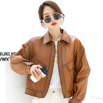 Haining leather leather women 2021 new autumn short collar sheep leather loose motorcycle leather jacket coat tide