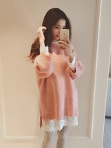Half-turtleneck sweater dress spring and autumn Korean version of base lace two-piece womens knee long knitwear