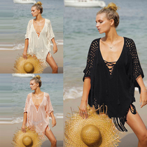 Bikini blouse light powder knitted hanging beard Hollow Beach sunscreen seaside resort swimsuit coat women hot spring