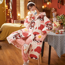 Triple Laminated Cotton Autumn Winter Pyjamas woman Coral Suede Gushed Warm Cute Cartoon Long Flannel Velvet Sleeping Robe Suit