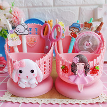 Simple cartoon stationery pen holder desktop grid cute Korean office multi-function imitation rattan student storage box