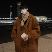 German-style lapel collar woolen coat mens autumn and winter thickened dark brown trench coat mid-length oversize handsome coat