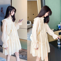 Long-term aged pregnant women Spring and Autumn new long-sleeved dress sweet mesh fairy dress Net red maternity dress