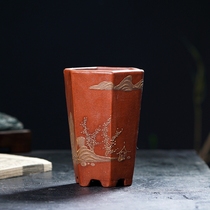 Yixing purple sand flower pot Republic of China flower pot pure handmade mud painting Taiwan handmade miniature flower pot antique handle