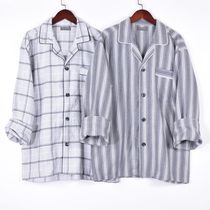Spring new cotton cardigan single piece long sleeves plaid striped top casual home pajamas men