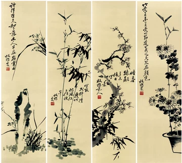 中国古美術★純手描き四条屏・梅兰竹菊画芯★国画・鄭板橋印款・肉筆・宣紙・带水印 梅兰竹菊四条屏纯手绘画芯-梅兰竹菊四条屏纯手绘画芯促销价格、梅兰竹