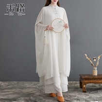 Literary retro tea suit spring new Chinese style loose size womens white yoga Tai Chi two-piece set