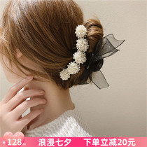 Pearl bow hairpin back of the head grip clip Korean elegant temperament word clip Retro large plate hair clip