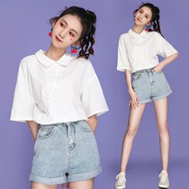Student Yangqi Little crowdqipao disc buckle short sleeve white shirt Summer new cute girl T-shirt pure cotton blouse womens clothing