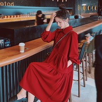 French red long sleeve shirt dress women early autumn dress 2021 new spring loose size fat mm long skirt