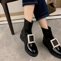 Leather Martin boots female spring and autumn single boots rhinestone square buckle increased Chelsea boots female British style RV short boots women