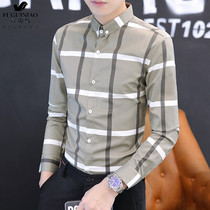 Fugui bird plaid shirt men long sleeve spring slim business casual mens shirt Korean trend handsome thin