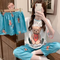 Ice silk pajamas womens summer thin short-sleeved 2021 new shorts trousers three-piece set cute bear home clothes