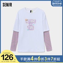 (Store delivery) senma long sleeve T-shirt female splicing stripe fake two pieces 2021 Autumn New loose letter T-shirt