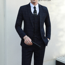Mens suit suit set slim plaid Casual groom party dress suit three-piece business dress coat tide