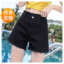 Black denim shorts womens 2021 new summer thin section loose small man thin cover belly high waist a-word