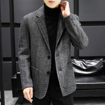 Autumn and winter light luxury double-sided coat mens short fashion herringbone pattern suit Korean slim wool woolen coat tide