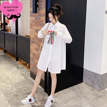 Maternity shirt medium and long 2021 new Korean maternity autumn top fashion long-sleeved white shirt dress