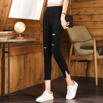 Breaking Hole Underpants Woman outside wearing summer slim fit tightness waist display slim 90% small leggings pants side open fork tight fit seven