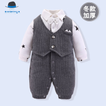 Autumn and winter male baby gentleman cotton padded 100 days full moon warm dress birthday party gray cotton climbing clothes