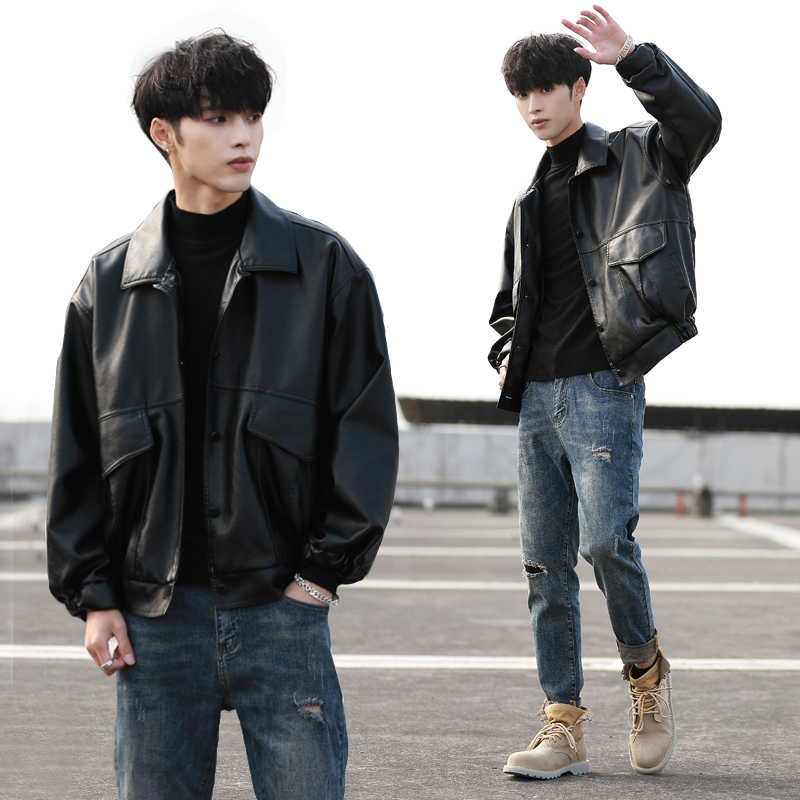 Korean version trendy and handsome leather jacket for men and young motorcycle wear, pilot leather jacket, spring and autumn trend brand retro loose fitting jacket