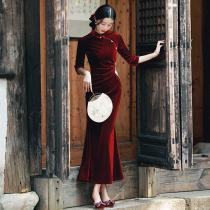 Chinese toast service bridal wine cheongsam autumn and winter long sleeve engagement dress dress female temperament velvet fish tail long