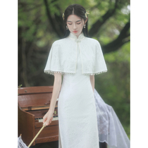 Cheongsam young summer Republic of China girl medium long lace white license registration dress Socialite improved version