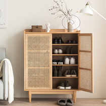 Japanese-style solid wood rattan shoe cabinet Nordic small household partition porch cabinet simple door storage cabinet