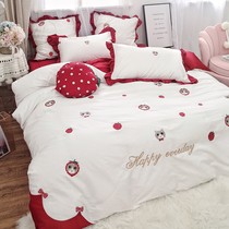 Nordic style simple wedding four-piece cotton embroidery long staple cotton double red quilt cover wedding bedding