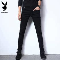 Playboy black jeans mens slim feet pants Spring and autumn Korean trend elastic casual long pants