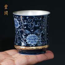 Gilt silver wine glass liner Sterling silver wine set 999 silver cup Jingdezhen ceramic master cup Blue and white two or two white spirits cup