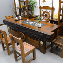 Old boat wood tea table and chair combination kung fu tea table solid wood new Chinese style coffee table set integrated tea set simple bubble table