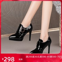 Leather pointed high heels womens stiletto shoes black 2021 new waterproof leather buckle deep mouth womens shoes