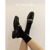 2021 summer new womens single shoes black patent leather English style small leather shoes thick sole pedal sw Pearl loafers