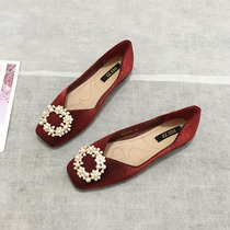 Rhinestone pearl buckle square head flat sole shoes red wedding shoes Spring 2021 Sardine shallow flat heel womens shoes