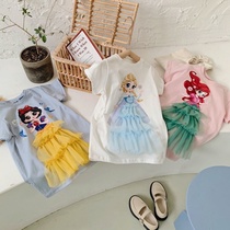Girls summer long short sleeve cotton T-shirt skirt Aisha cartoon princess dress Children Baby mesh dress