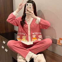 Pajamas women spring and autumn long sleeve cardigan pure cotton cute thin 2022 new bear size plus size home wear set women