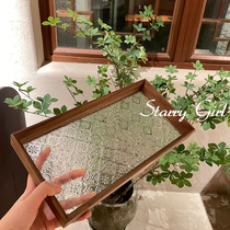  Star girl transparent glass tray Solid wood retro begonia glass tray Desktop storage tea tray Walnut