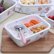  Ceramic grid lunch box female office worker microwave oven separation Japanese heating cute heart rectangular three-grid lunch box