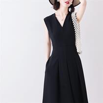 Hepburn style black three-piece dress summer temperament waist slim mid-length sleeveless V-neck A-line small black skirt
