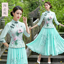 Womens jacket improved Tang suit two-piece national style retro lotus print cheongsam suit skirt Chinese style Republic of China style