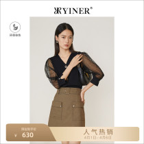 YINER tone special cabinet womens clothing 2022 spring fine flash mesh yarn sleeves splicing V collar knit cardiovert