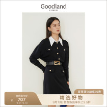 Sound beauty land womens spring 2022 new French style metal buttoned contrast shirt collar knit dress