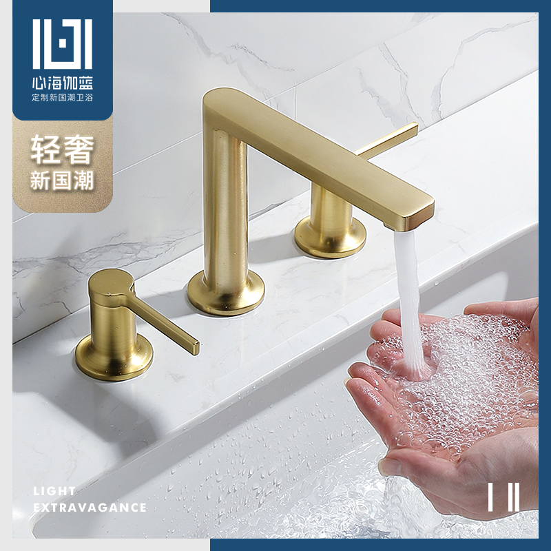 Wire, gold, three holes, faucet, hot and cold wash basin, bath cabinet, faucet, household washbasin, faucet.